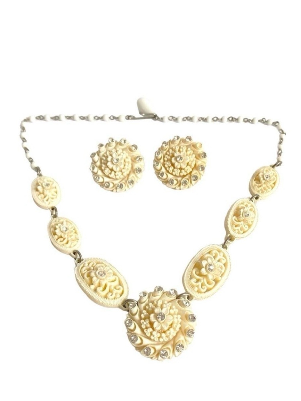 Vintage Rhinestone Necklace & Earrings Cream Celluloid Resin Floral Swirl 50s